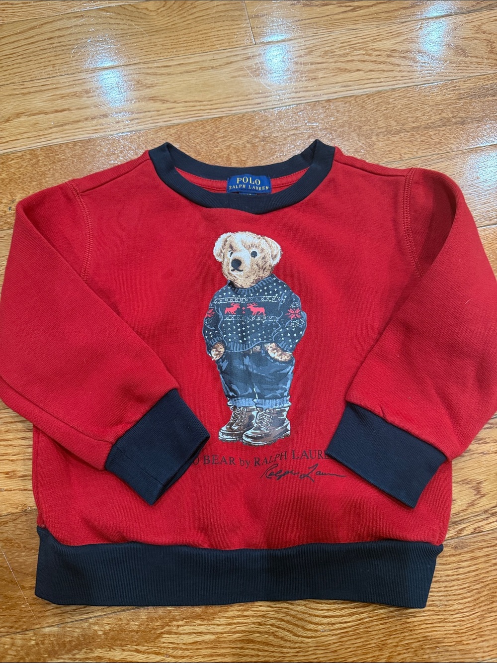 Polo by Ralph Lauren Red Crewneck Teddy Bear Sweatshirt with Navy Trim
